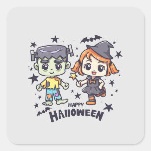 Cute Witch Girl and Mischievous Zombie Boy Square Sticker
