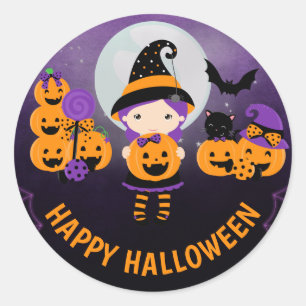 Cute Witch Girl and Pumpkins Happy Halloween Classic Round Sticker