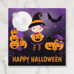Cute Witch Girl and Pumpkins Happy Halloween Favour Tags