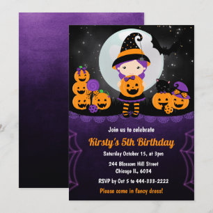 Cute Witch Girl and Pumpkins Kids Birthday Party Invitation