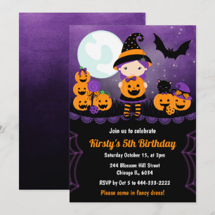 Cute Witch Girl and Pumpkins Kids Birthday Party Invitation