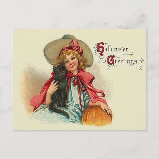 Cute Witch Girl Black Cat Pumpkin Postcard (Front)