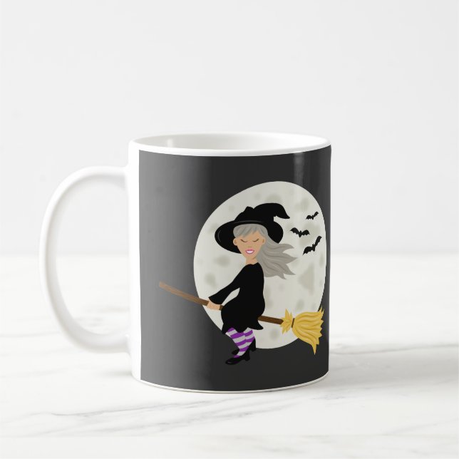 Cute Witch Girl Flying & Happy Halloween Text Coffee Mug (Left)
