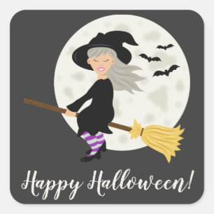 Cute Witch Girl Flying & Happy Halloween Text Square Sticker