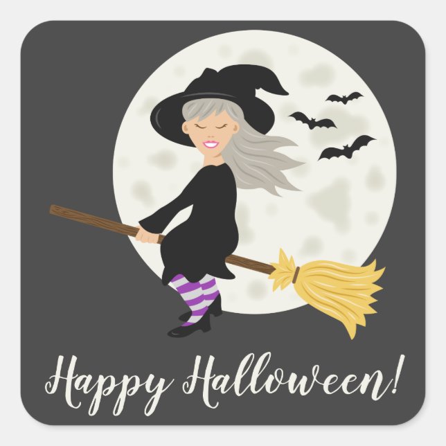 Cute Witch Girl Flying & Happy Halloween Text Square Sticker (Front)