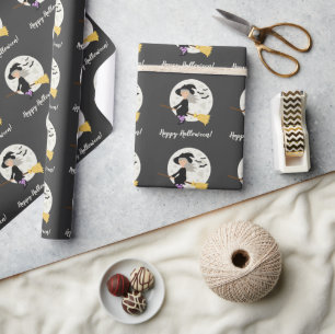Cute Witch Girl Flying & Happy Halloween Text Wrapping Paper