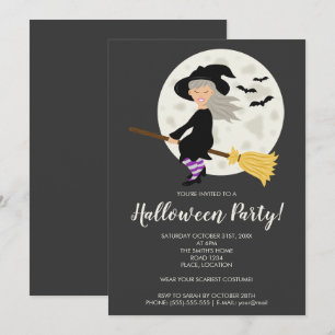 Cute Witch Girl Flying On A Broom Halloween Party Invitation