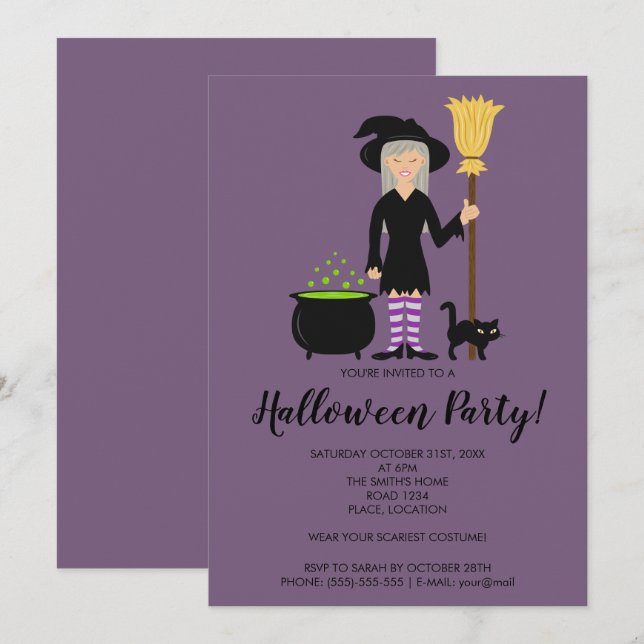 Cute Witch Girl Flying On A Broom Halloween Party Invitation (Front/Back)