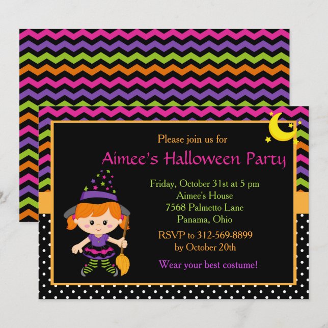 Cute Witch Girl Halloween Party Invitation (Front/Back)