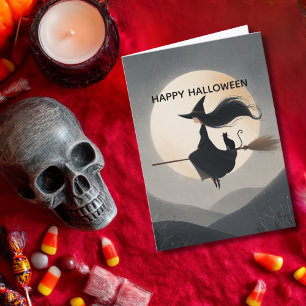 Cute Witch Girl her Broom & Cat Kids Halloween Card