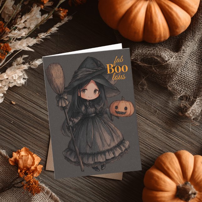 Cute Witch Girl her Broom & Pumpkin Kids Halloween Card (Creator Uploaded)