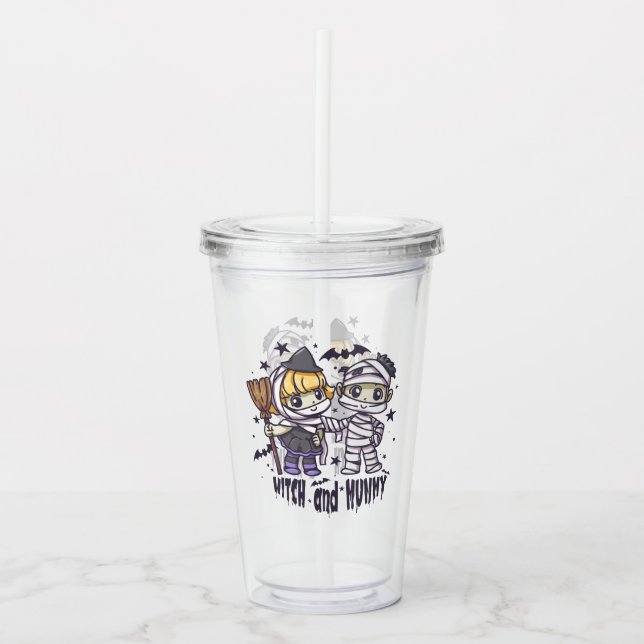 Cute Witch Girl & Mischievous Mummy Boy Acrylic Tumbler (Front)