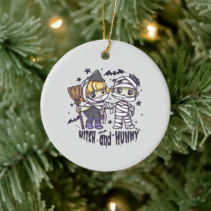 Cute Witch Girl & Mischievous Mummy Boy Ceramic Tree Decoration