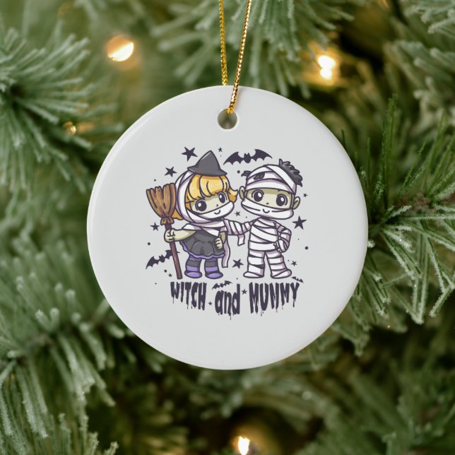 Cute Witch Girl & Mischievous Mummy Boy Ceramic Tree Decoration (Tree)