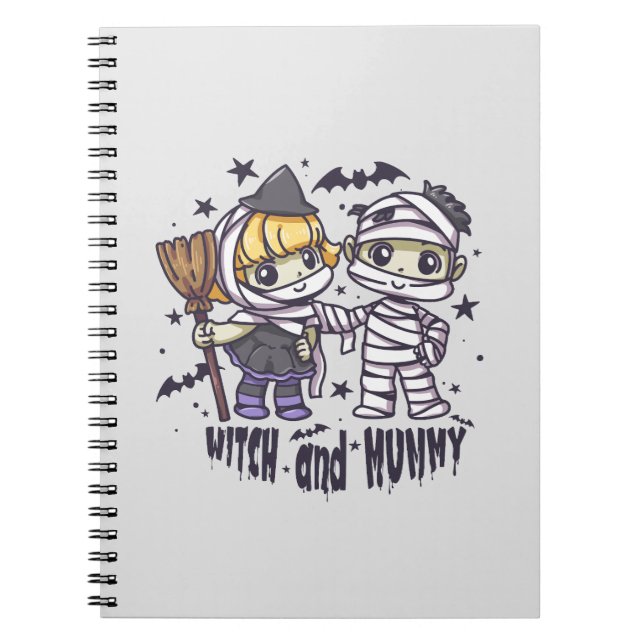 Cute Witch Girl & Mischievous Mummy Boy Notebook (Front)