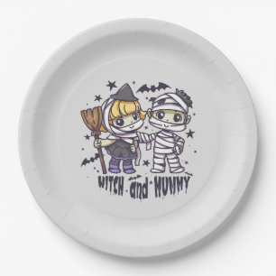 Cute Witch Girl & Mischievous Mummy Boy Paper Plate