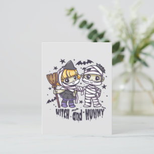 Cute Witch Girl & Mischievous Mummy Boy Postcard