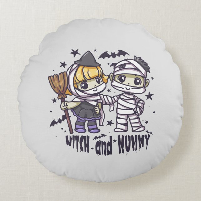 Cute Witch Girl & Mischievous Mummy Boy Round Cushion (Front)