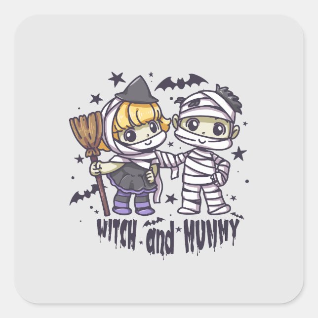 Cute Witch Girl & Mischievous Mummy Boy Square Sticker (Front)