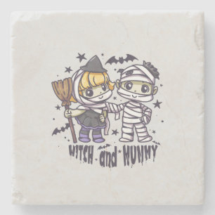 Cute Witch Girl & Mischievous Mummy Boy Stone Coaster