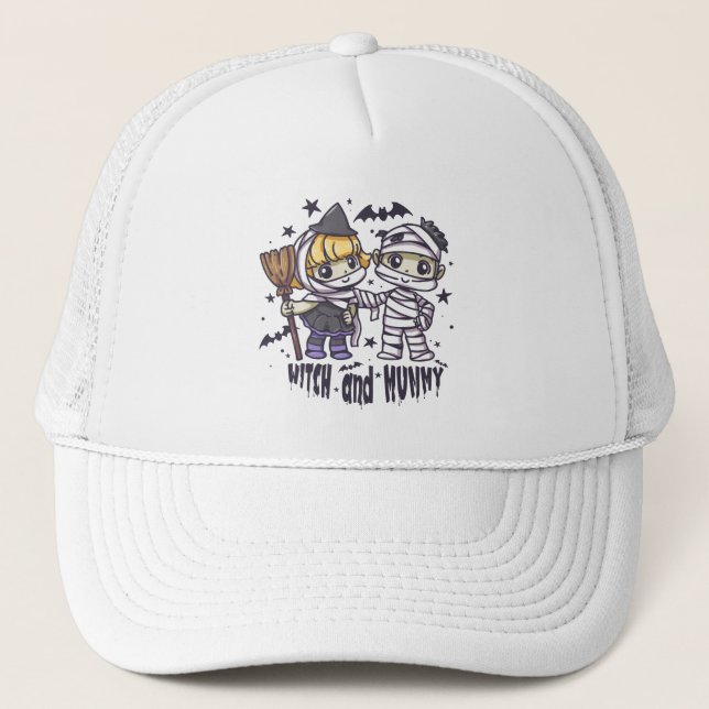 Cute Witch Girl & Mischievous Mummy Boy Trucker Hat (Front)