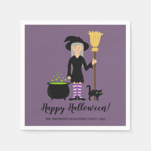 Cute Witch Girl With A Cat & Happy Halloween Text Napkin