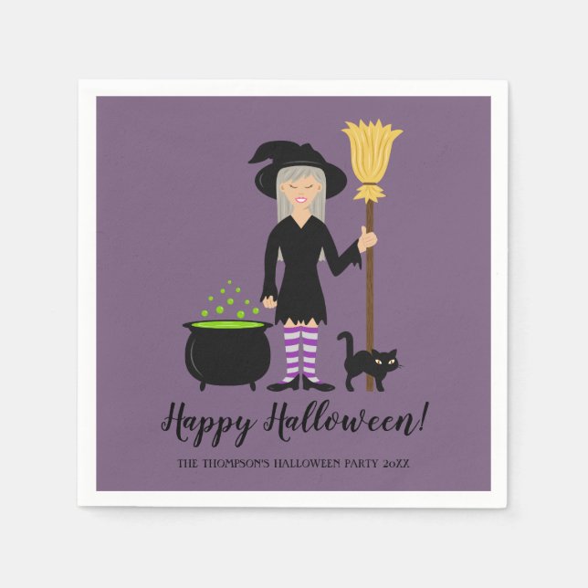 Cute Witch Girl With A Cat & Happy Halloween Text Napkin (Front)