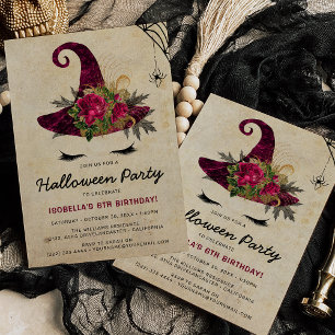 Cute Witch Girls Halloween Kids Burgundy Birthday  Invitation
