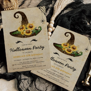 Cute Witch Girls Halloween Kids Yellow Birthday Invitation