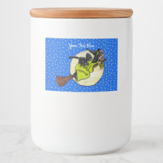 Cute Witch Green Dress on Broom Cat Moon Stars Food Label