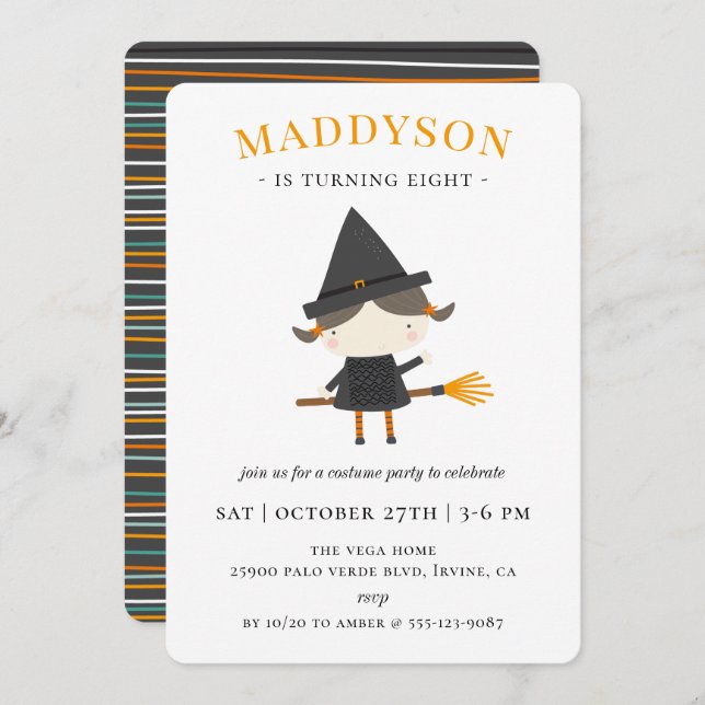 Cute Witch Halloween Birthday Party Invitation (Front/Back)