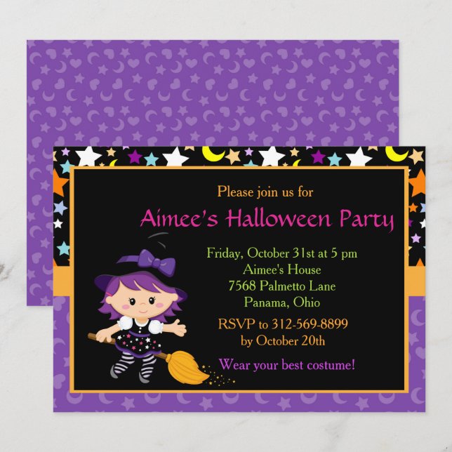 Cute Witch Halloween Costume Party Invitation (Front/Back)