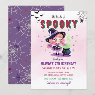 Cute Witch Halloween Girl Birthday Party Invitation