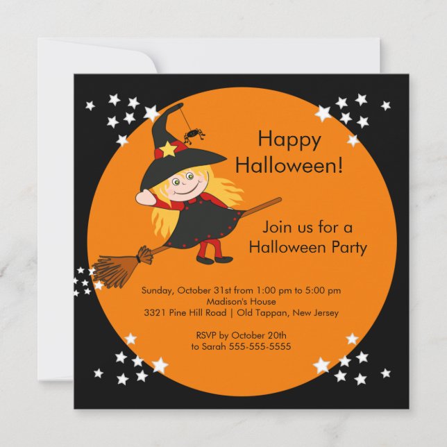 Cute Witch Halloween Party Invitation for kids (Front)
