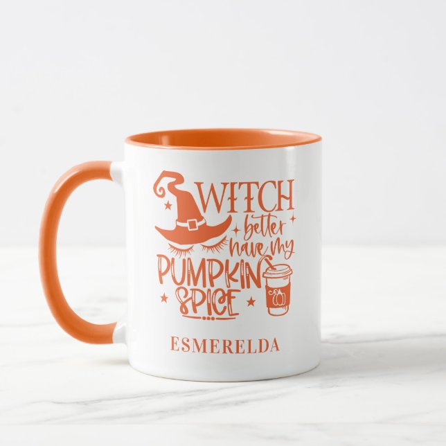 Cute Witch Halloween Pumpkin Personalised  Mug (Left)