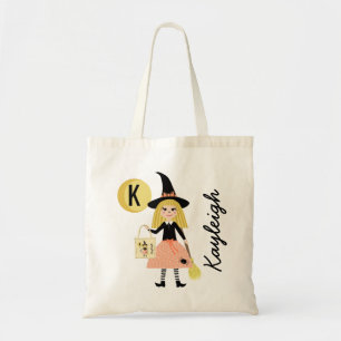 Cute Witch Halloween Treats Monogram Name Tote Bag