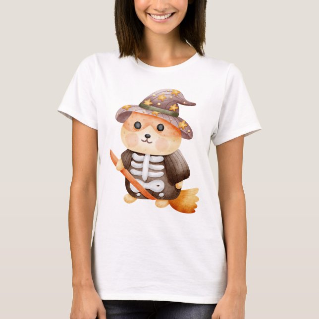 Cute Witch Hamster Riding a Broom – Cosy Halloween T-Shirt (Front)