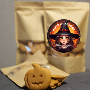 Cute witch Happy Halloween friendly pumpkins Classic Round Sticker