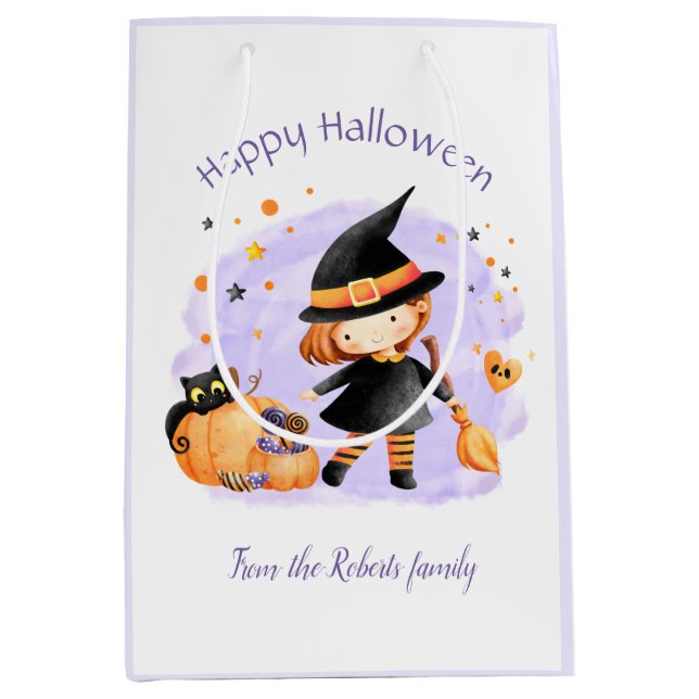 Cute Witch Happy Halloween Personalised Gift Bag (Front)