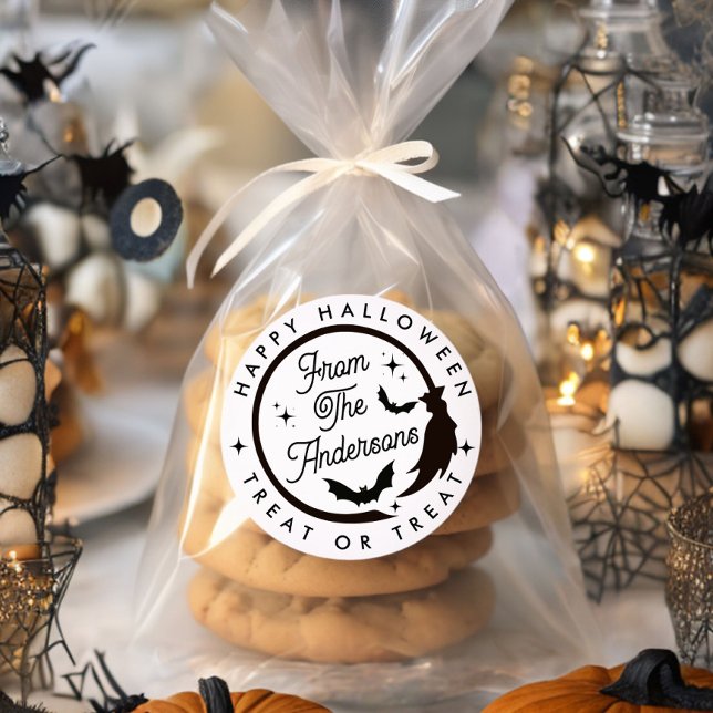 Cute Witch Happy Halloween Treat or Treat Favour Classic Round Sticker (Creator Uploaded)
