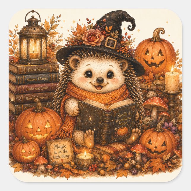 Cute Witch Hedgehog Autumn Magic Spells Square Sticker (Front)