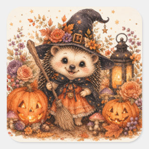 Cute Witch Hedgehog Halloween Broomstick Pumpkins  Square Sticker
