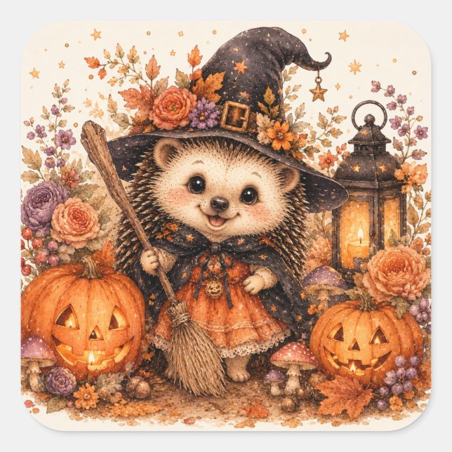 Cute Witch Hedgehog Halloween Broomstick Pumpkins  Square Sticker (Front)