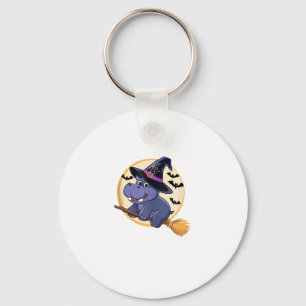 Cute Witch Hippo Moo Deng Halloween Broom Ride Kid Key Ring