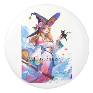 Cute Witch Holding Black Cat Thunder_Cove Ceramic Knob