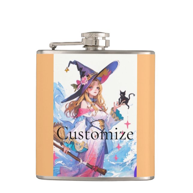 Cute Witch Holding Black Cat Thunder_Cove  Hip Flask (Front)