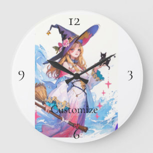 Cute Witch Holding Black Cat Thunder_Cove Large Clock