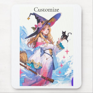 Cute Witch Holding Black Cat Thunder_Cove Mouse Mat