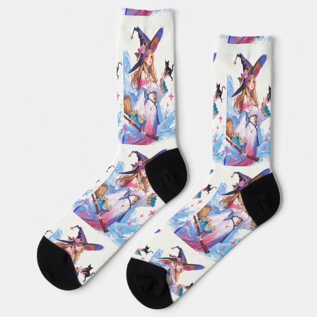 Cute Witch Holding Black Cat Thunder_Cove  Socks (Left)