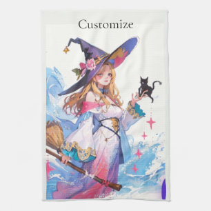Cute Witch Holding Black Cat Thunder_Cove  Tea Towel